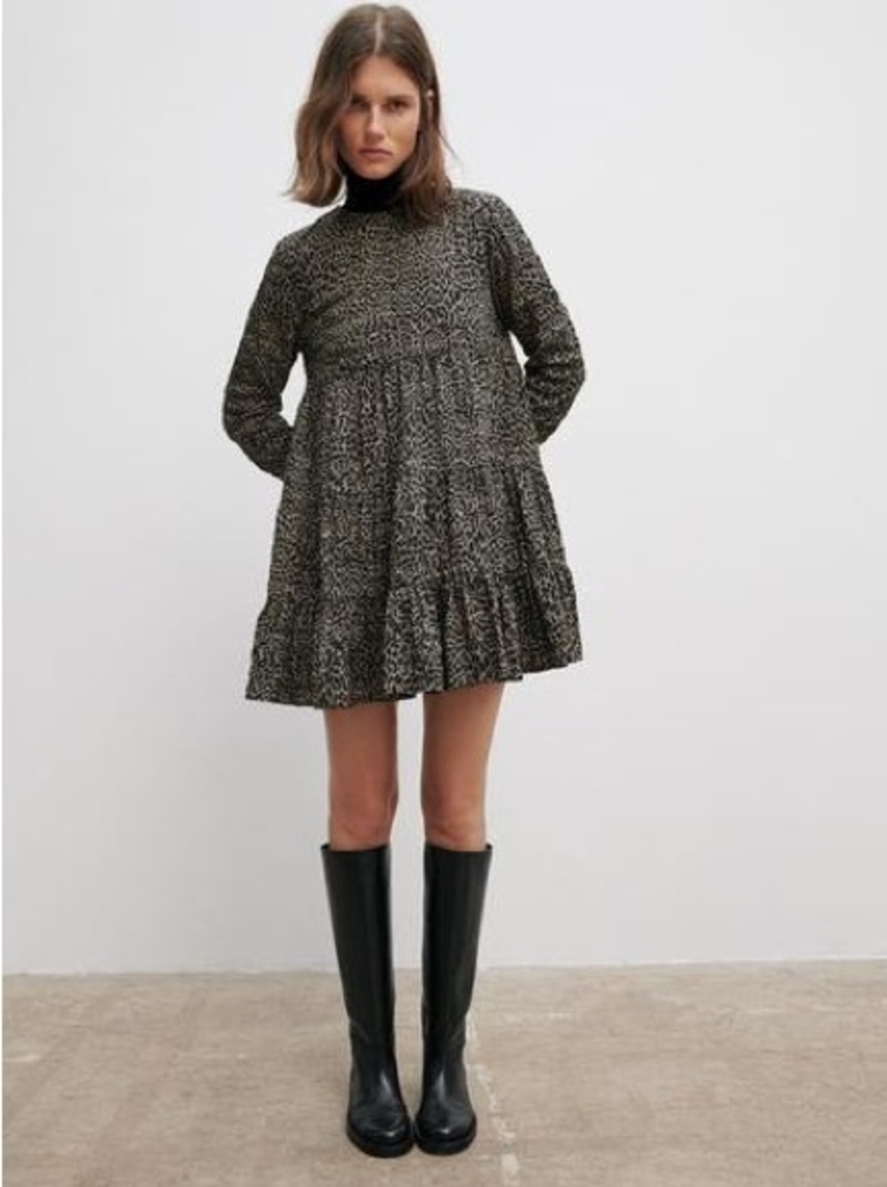 Zara Tiered Long-Sleeve Mini Dress in animal print